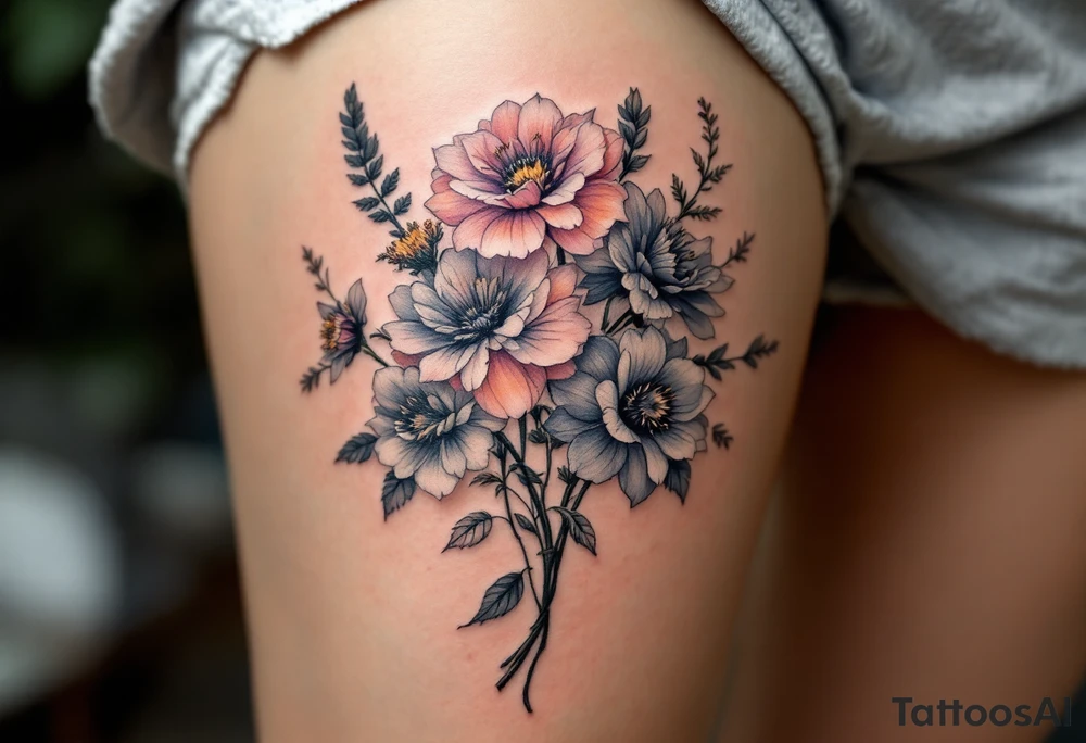 A row of birth flowers with the son’s portrait in the center, highlighted in full color, while others are shaded in black. tattoo idea
