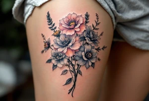 A row of birth flowers with the son’s portrait in the center, highlighted in full color, while others are shaded in black. tattoo idea
