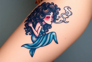 Curly haired Woman smoking while floating in space tattoo idea