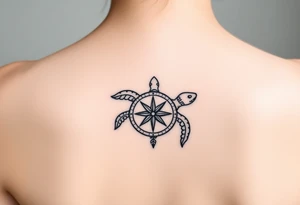 fine line tattoo of a turtle combined with a compass tattoo idea