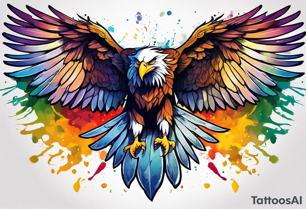 Delicate celtic Eagle with wings spread upwards. Colourful background, splashes on colour tattoo idea