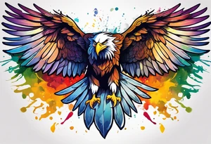 Delicate celtic Eagle with wings spread upwards. Colourful background, splashes on colour tattoo idea