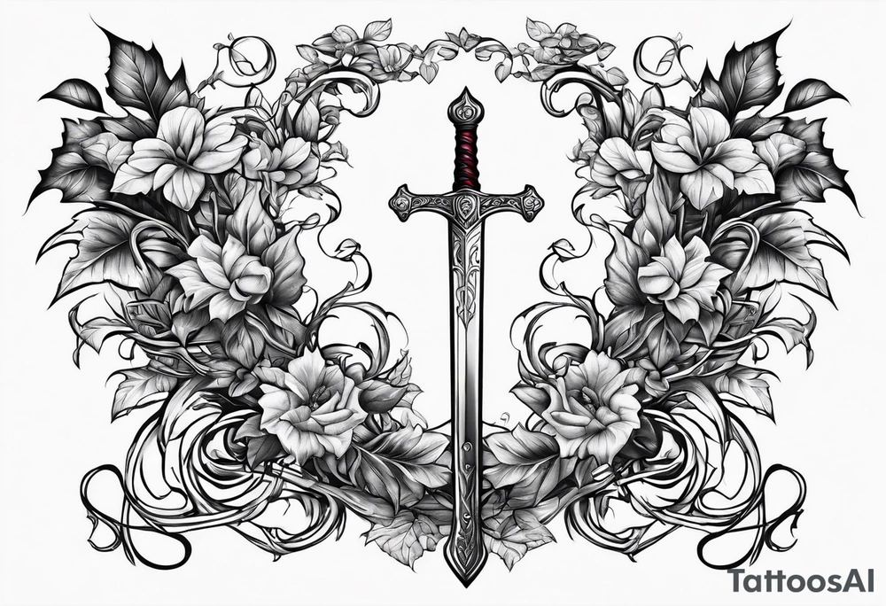 Leafy vines with sword tattoo idea