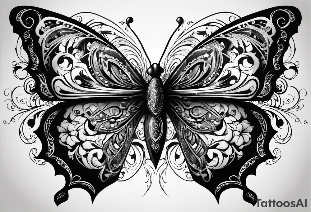 Dark ornamental, borboleta abstrata com uma adaga vertical centralizada no meio da horboleta tattoo idea