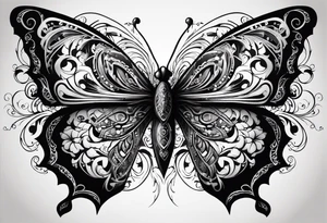 Dark ornamental, borboleta abstrata com uma adaga vertical centralizada no meio da horboleta tattoo idea