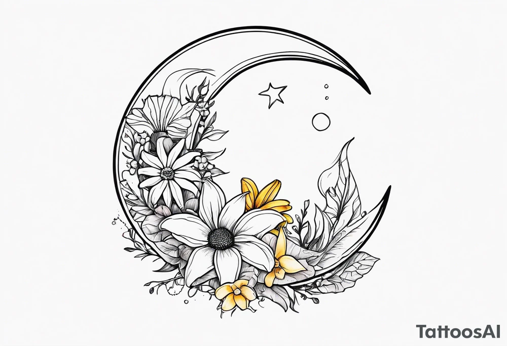 Crescent moon with daisy's, lily’s, crystals, and mushrooms tattoo idea