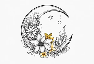 Crescent moon with daisy's, lily’s, crystals, and mushrooms tattoo idea