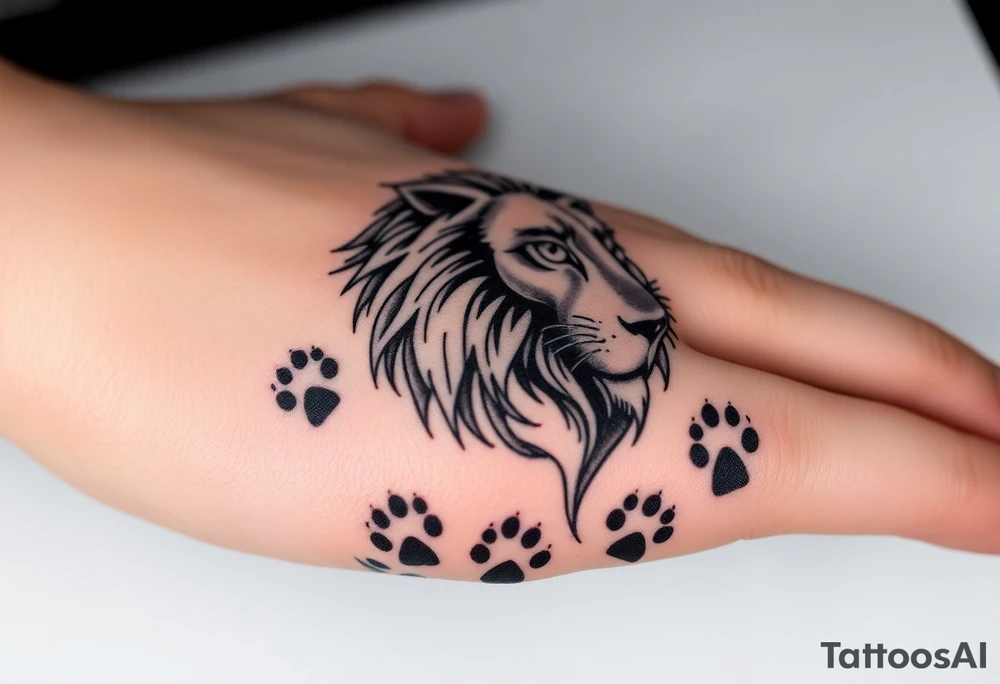 powerful goregous
 lioness with a crown, surrounded by cub prints tattoo idea