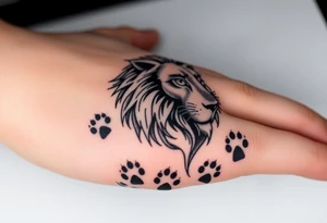 powerful goregous
 lioness with a crown, surrounded by cub prints tattoo idea