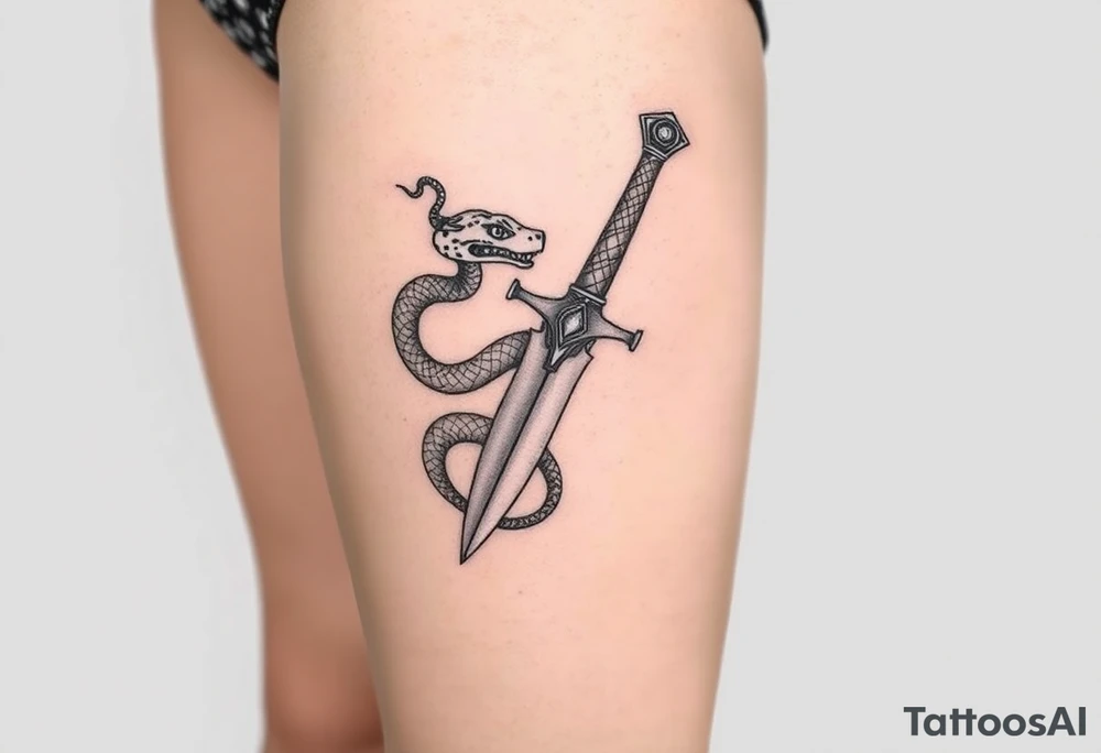 mystical snake coiled around an ancient dagger with jeweled hilt tattoo idea