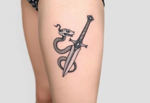mystical snake coiled around an ancient dagger with jeweled hilt tattoo idea