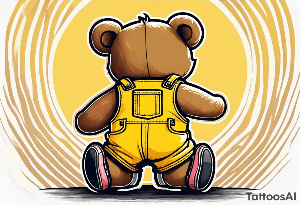 image of the back of a light brown teddy bear standing in yellow overalls, striped tank top and wearing boots and holding the hand of a little girl tattoo idea