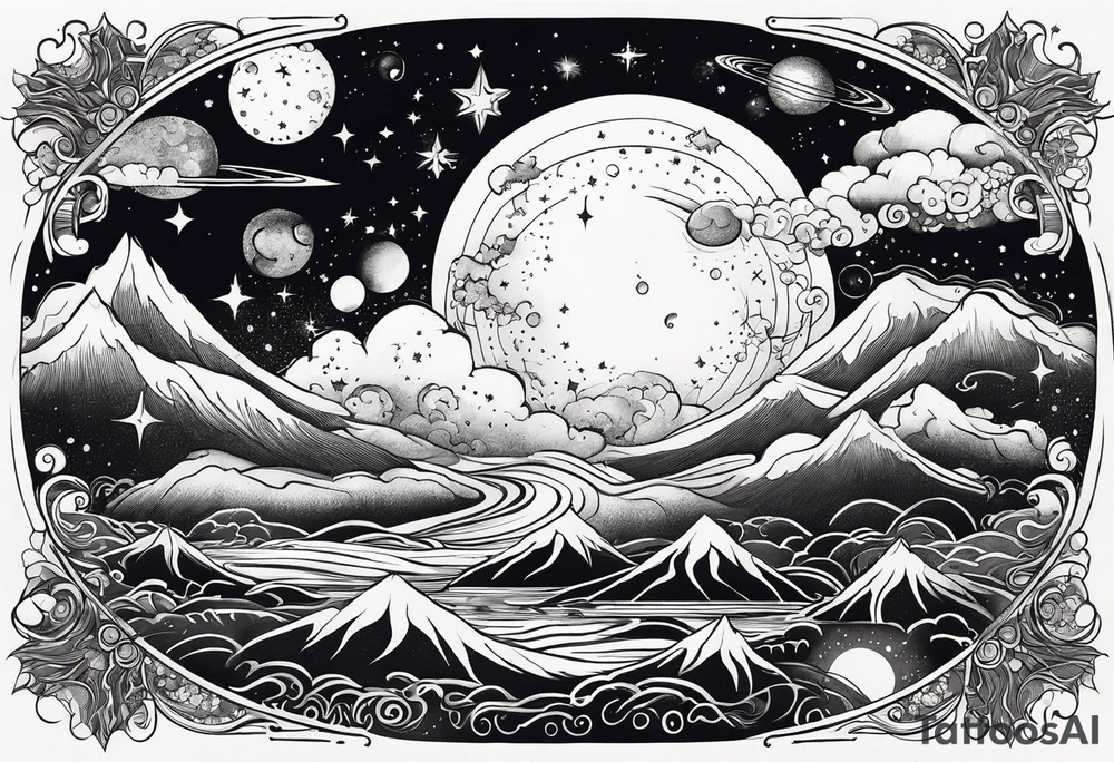 Celestial Galaxy scene with beautiful details of gas stars and space tattoo idea
