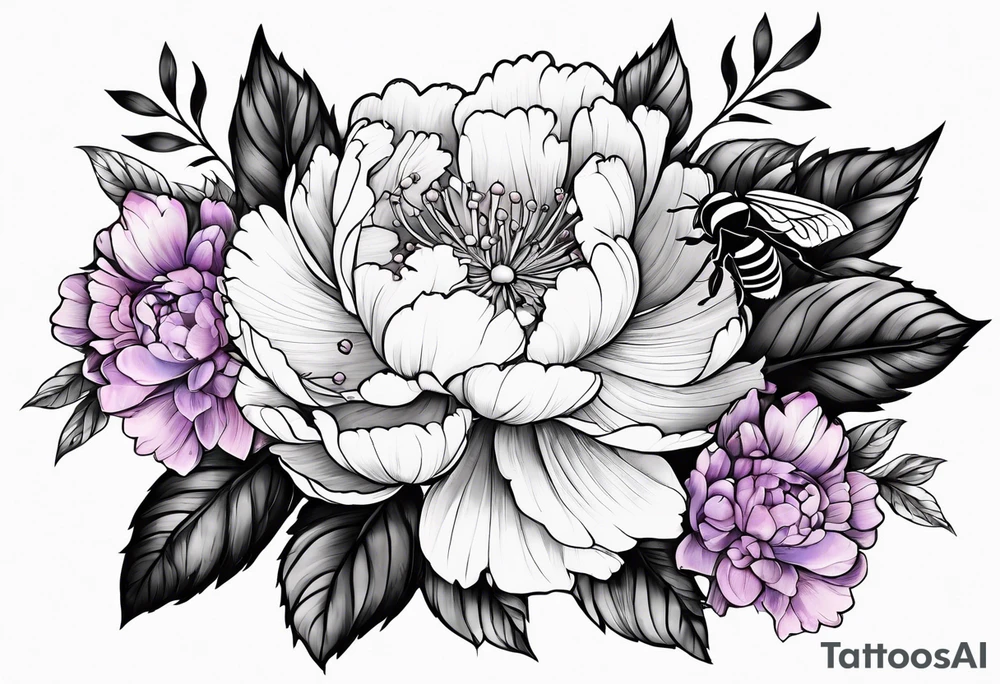 Bouquet of peony with hydrangea and leaves and a bumblebee lilac flowers tattoo idea