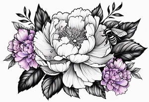 Bouquet of peony with hydrangea and leaves and a bumblebee lilac flowers tattoo idea