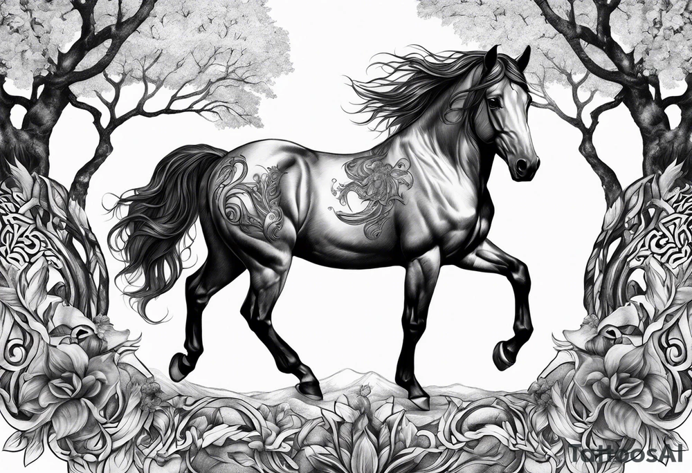 Realistic Horse and Yggdrasil tattoo idea