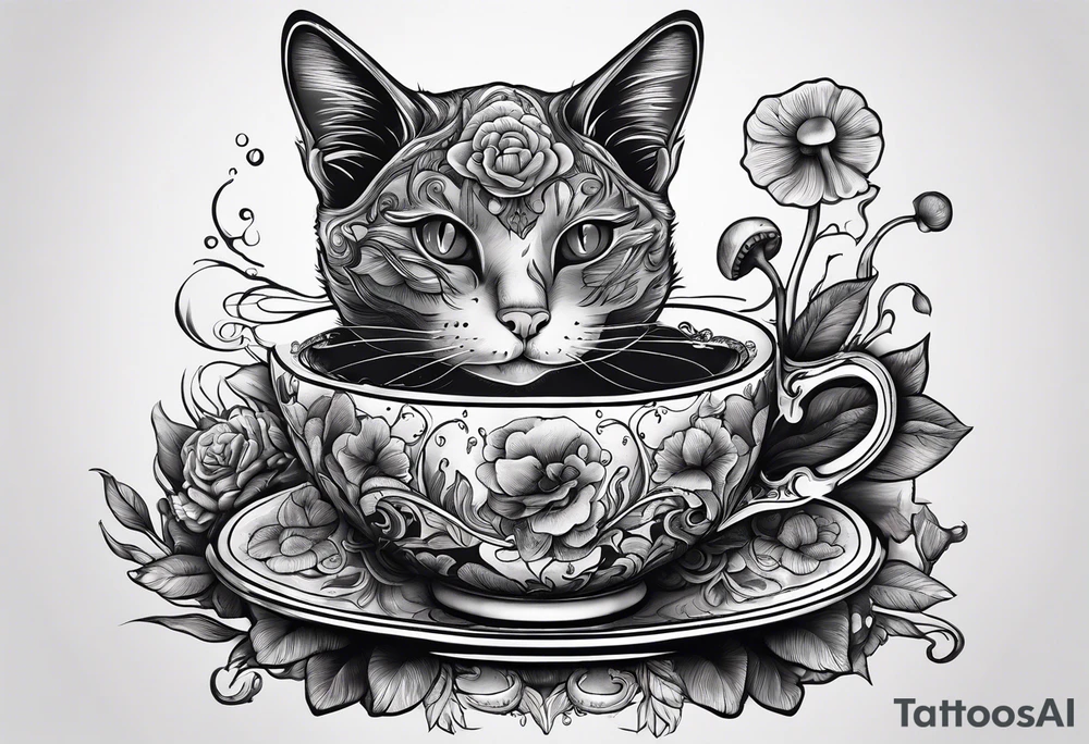 A mysterious cat with a hot mushrooms cup of tea tattoo idea