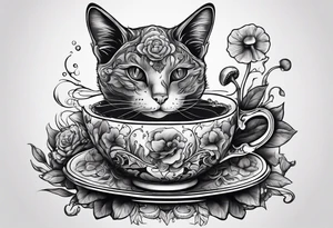 A mysterious cat with a hot mushrooms cup of tea tattoo idea