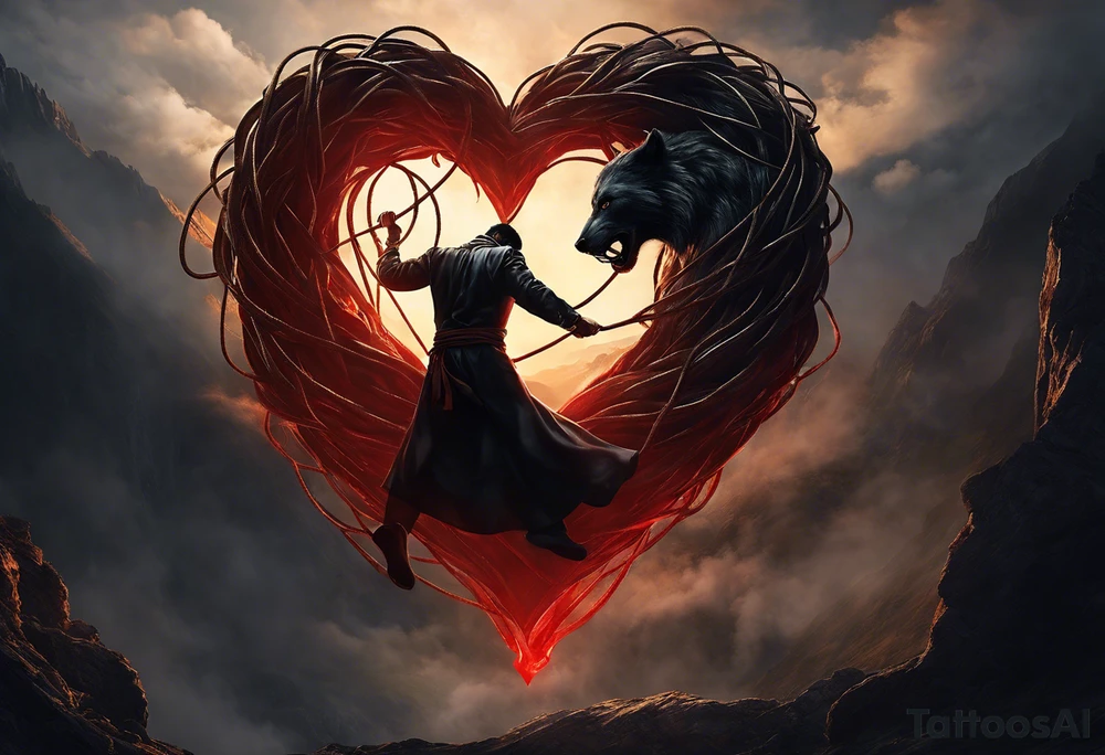 A man suspended in mid-air, held by a rope tied around his neck, the rope stemming from his own heart. The heart symbolizes his emotions and feelings, keeping him trapped within himself, unable to move forward.

On one side of him, a menacing beast represents his rage and inner fury. The beast glows with the weight of his sins and mistakes, embodying the destructive power of his darkest emotions. Its eyes burn with anger, and its claws seem ready to tear through his psyche, an embodiment of the chaos he battles within.

On the other side, a serene, angelic figure represents his good side, radiating peace and hope. This figure calls out to him, beckoning him toward redemption and a righteous path. The angel’s calm expression and open hand reflect compassion, purity, and the promise of a better future.

The design should be rendered in a stylish old-school black-and-white aesthetic, with intricate linework and shading to add depth and realism. The stark contrast between the man, the beast, and the angel will emphasize the internal conflict. A balance of bold outlines and fine details will evoke a sense of timelessness and emotional intensity, making the tattoo visually striking and deeply symbolic. tattoo idea