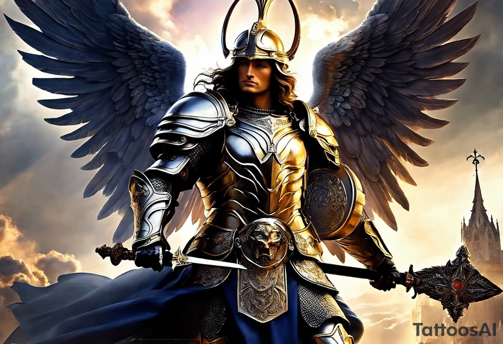 **Tattoo Design: Archangel Michael**

- **Central Theme**: Archangel Michael, majestic and powerful, stands ready with a raised sword, prepared to battle evil.
- **Appearance**: The figure of Archangel Michael depicted in full angelic armor, with majestic wings spread wide.
- **Expression**: His stance conveys strength, courage, and determination in defense of good.
- **Details**: Focus on intricate details such as facial features, armor embellishments, and the raised sword.
- **Background**: May be stylized as celestial, with rays of light or clouds, accentuating the divine presence of Archangel Michael.
- **Placement**: Intended for placement on the chosen body area, with the option to adjust the size according to personal preferences. tattoo idea