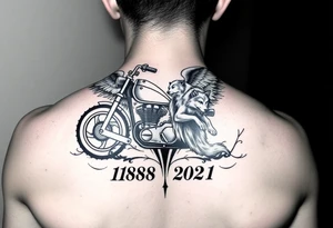 the year 1958 - 2021 with a motorcycle on it with guardian angel wolves tattoo idea