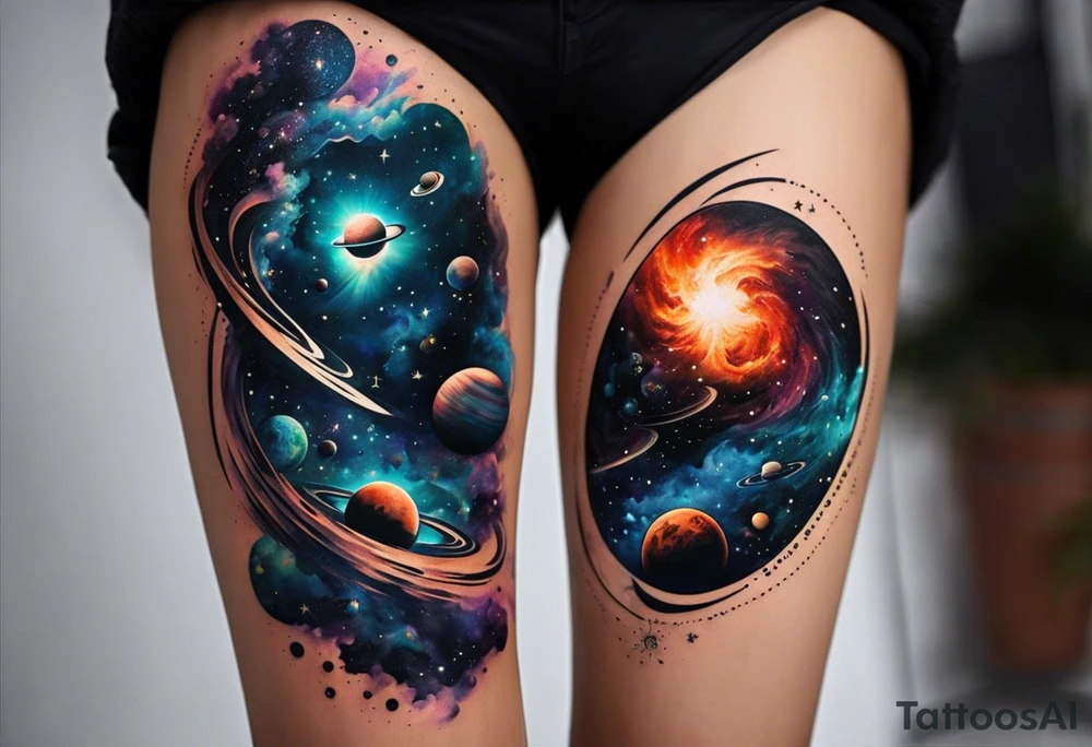 Create a full right leg tattoo design with a captivating space theme. The design should feature a prominent black hole as the central element, surrounded by swirling galaxies, stars, and nebulae. Include detailed depictions of planets and moons in various phases, with comets and meteor showers adding dynamic movement. The tattoo should have a balance of intricate patterns and bold contrasts, using deep blacks and shades of grey to create a mesmerizing and immersive cosmic scene. Make sure the design flows seamlessly from the thigh down to the ankle, incorporating the natural contours of the leg. tattoo idea