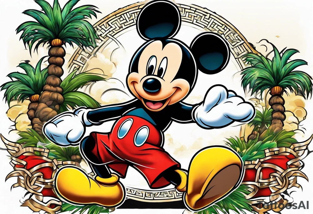 mickey mouse doing martial arts with palm trees, lightning storm and the celtic symbol for family tattoo idea