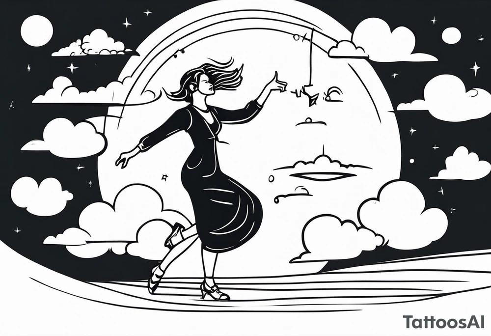 Silly. odd woman ugly dancing pointing her fingers up in the sky. tattoo idea