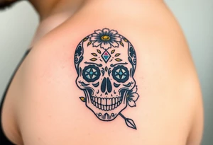 Masculine sugar skull with diamond gemstone eyes and daisy tattoo idea