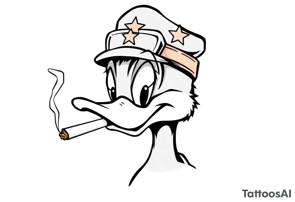 Daffy duck  smoking a rolled cigarette with a Vietnam veteran hat on and make his eyes stoned and chill looking tattoo idea