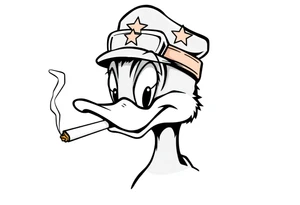 Daffy duck  smoking a rolled cigarette with a Vietnam veteran hat on and make his eyes stoned and chill looking tattoo idea