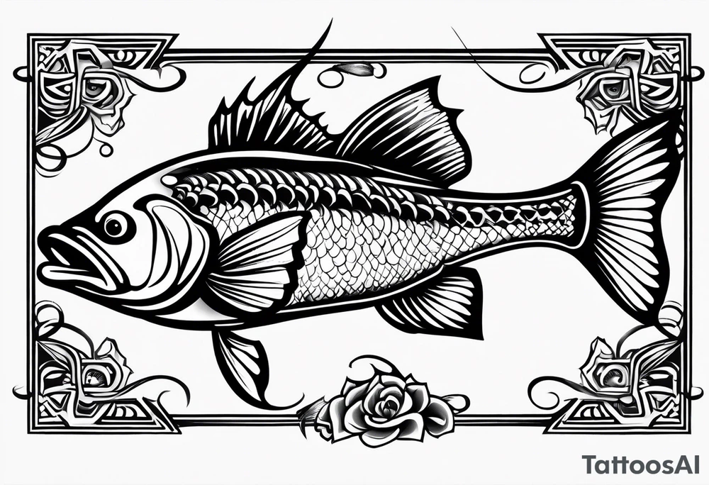 tribal bass fish, its tail turns into a fishing hook tattoo idea