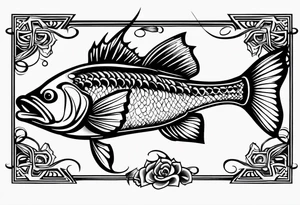 tribal bass fish, its tail turns into a fishing hook tattoo idea