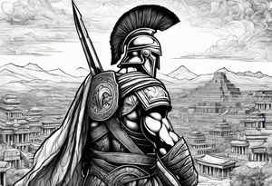 spartan solider looking at ancient city in background tattoo idea
