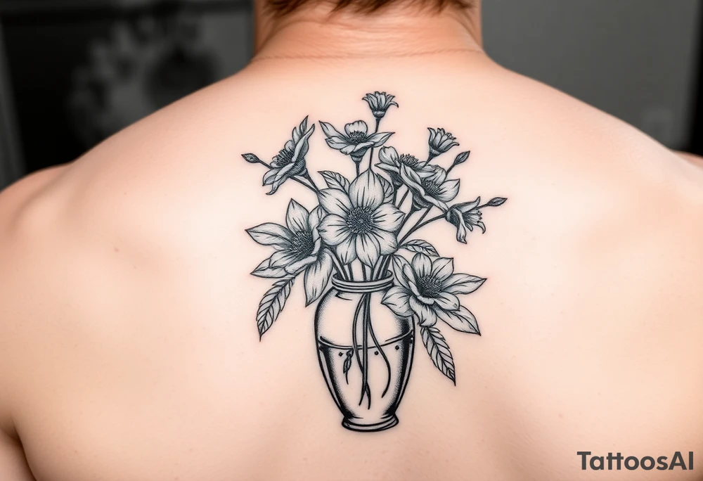 Tattoo on back with vase in the vase are flowers tattoo idea