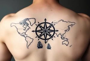 antique compass rose overlaid on weathered world map with sailing ships tattoo idea