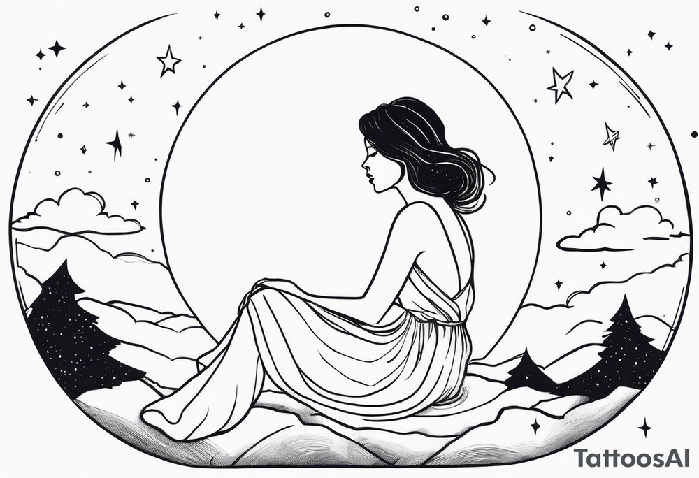 Woman sitting on a moon with opem hair over one shoulder wearing a dress with an open back seen from behind looking up at the stars. tattoo idea