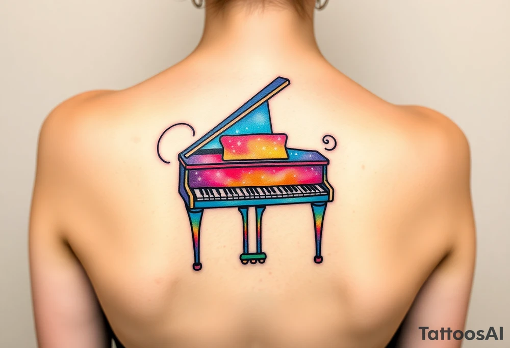 Colorful galaxy grand piano tattoo idea