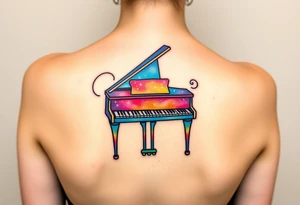 Colorful galaxy grand piano tattoo idea