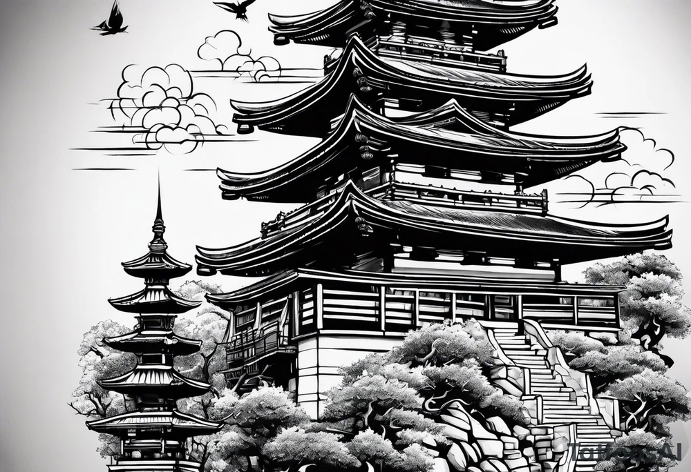 tower with ronin climbing the stairs tattoo idea