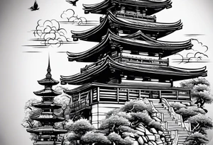 tower with ronin climbing the stairs tattoo idea