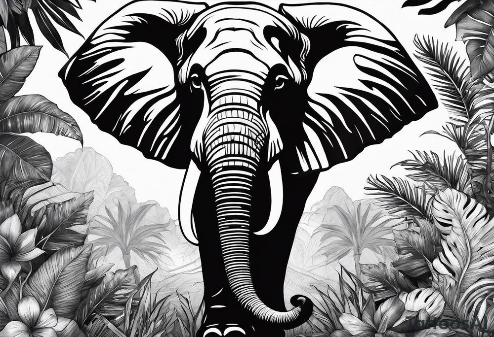 “A majestic elephant with its trunk raised, surrounded by tropical foliage, symbolizing memory and strength tattoo idea