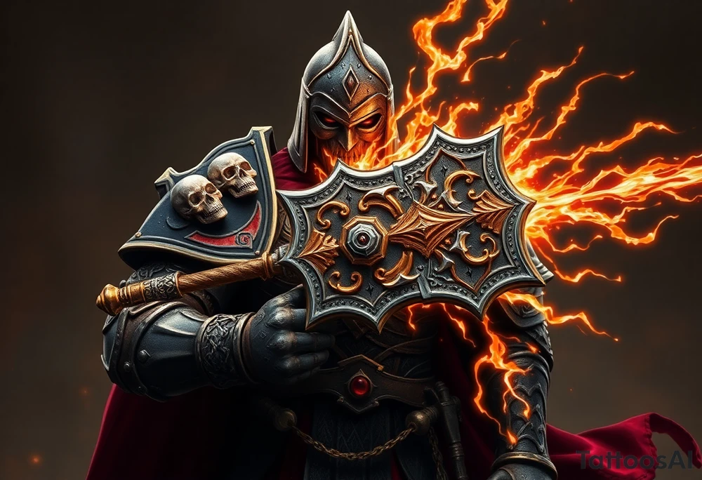 Warhammer, the Old World. A warrior priest of Sigmar holding The Warhammer of Sigmar. The Warhammer of Sigmar is radiating thunderous energy. The Warhammer is held by the warrior priest with both hands at the handle with a firm grip inorder to contain its unlimited energy, upon his chest level. The Warrior priest is wearing dark alloyed heavy armour (reference armor from warhammer vermintide 2 Victor Saltzpyres, the warrior priest of Sigmar class) with skull sigils on his shoulder pads. The warrior priest is wearing a helmet, while the helmets front visor has an humanoid face covering. The helmet and armour are gladened with hints of gold and crimson red. The Warhammer is silverish and golden with a long handle tattoo idea
