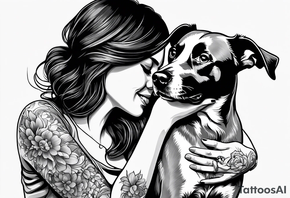 female dog reaching for the hand of a woman and she from back tattoo idea