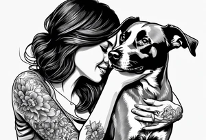 female dog reaching for the hand of a woman and she from back tattoo idea