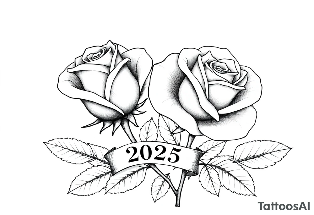two beautiful large rose buds, one slightly larger than the other, with lots and lots of leaves next to the rose buds, with one sitting slightly higher than the other, side-by-side.  Include a banner connecting the two roses with the year 2025 on it.   Use dark outlines with little shading. Remove all stems from the roses. tattoo idea