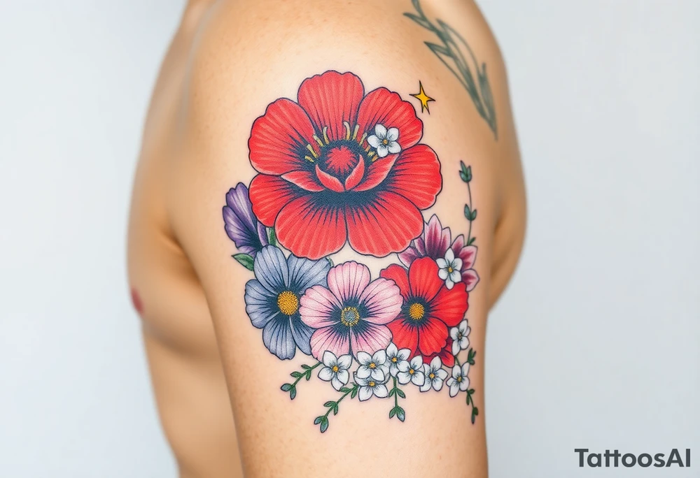 Upper left arm, wrapping slightly from the shoulder to the mid-upper arm, ending at the natural mid-arm curve.

Top center: Large red carnation
Left side: Purple pansy above a blue cosmos flower
Right side: Pink cosmos above a red cosmos
White flowers:
3 between the purple and blue flowers
2 below the pink/red flowers
3 on the branch extending from the right side of the carnation
2 on a branch connecting from the right side of the carnation to the top of the purple pansy
(bouquet)
Neo-Traditional with Realism influence
Bold, clean black outlines
Flat, rich color gradients
Realistic flower detailing: natural petal texture, realistic shading, and depth
Flowing, realistic green branches and leaves
Fine black dots and small line accents
Small gold star next to the top red carnation

 brown skin tone
Neo-Traditional, Realism, Floral Tattoo, Botanical Tattoo, Realistic Flowers, Color Tattoo, Upper Arm Tattoo tattoo idea