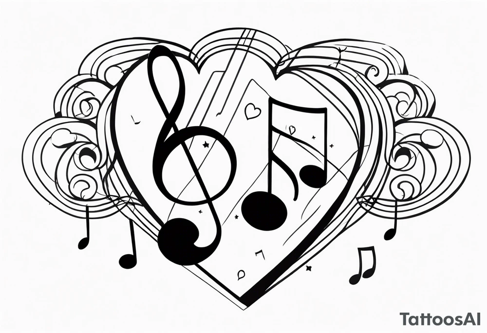 music notes and hearts with balloons and clouds tattoo idea