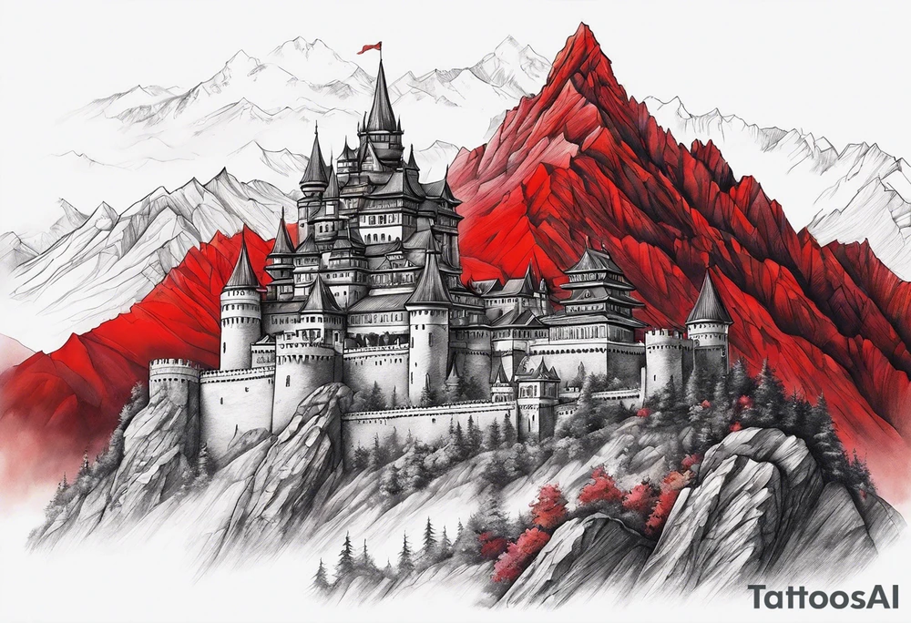 red mountains which there are two fantasies castles. tattoo idea