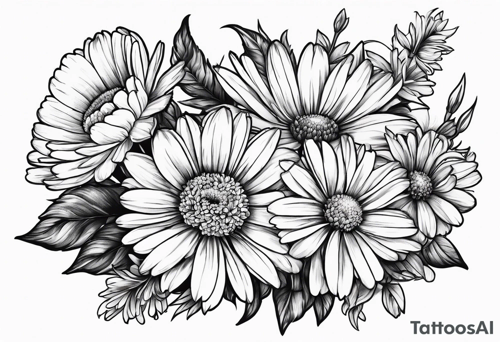 bouquet of daisy, aster, and carnations tattoo idea